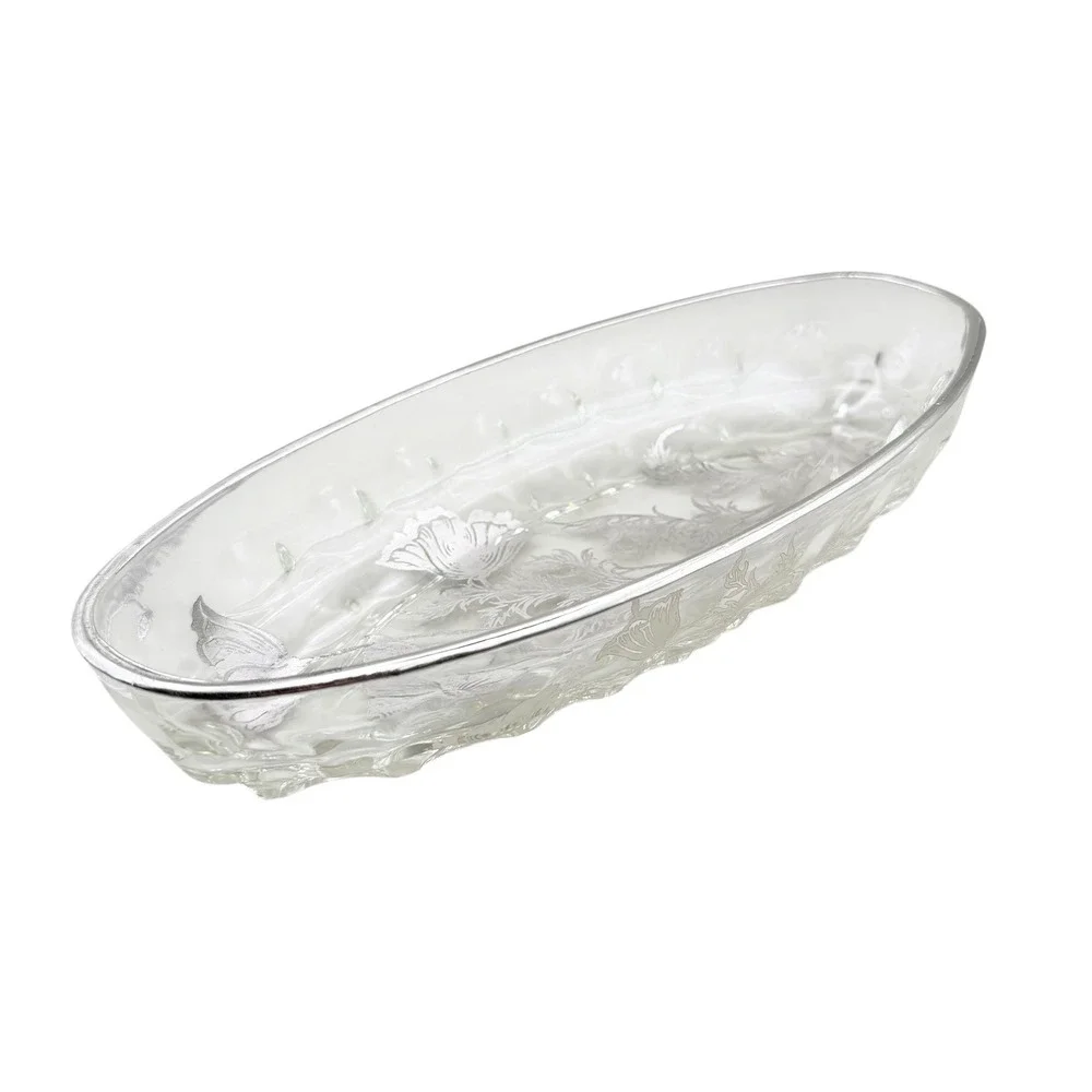 Vtg Frosted Etched Floral Relish Dish Celery Tray Poppy Serving Bowl Cottagecore